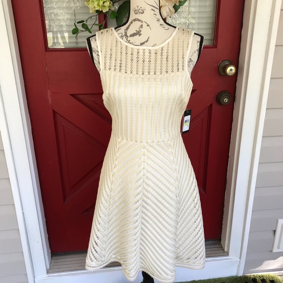 Guess Dresses Guess Ivory Cream Lace Fit Flare Skater Dress Zip